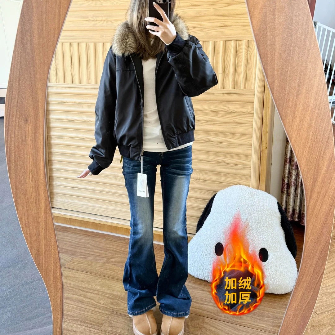 微胖mm设计感复古水洗牛仔裤女秋冬款加绒修身显瘦休闲垂感直筒裤