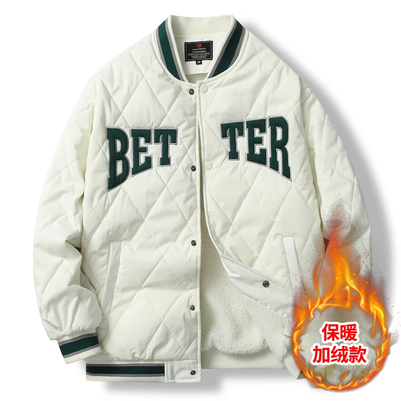 秋冬字母刺绣绗棉加绒棒球领宽松休闲棉服 男女同款