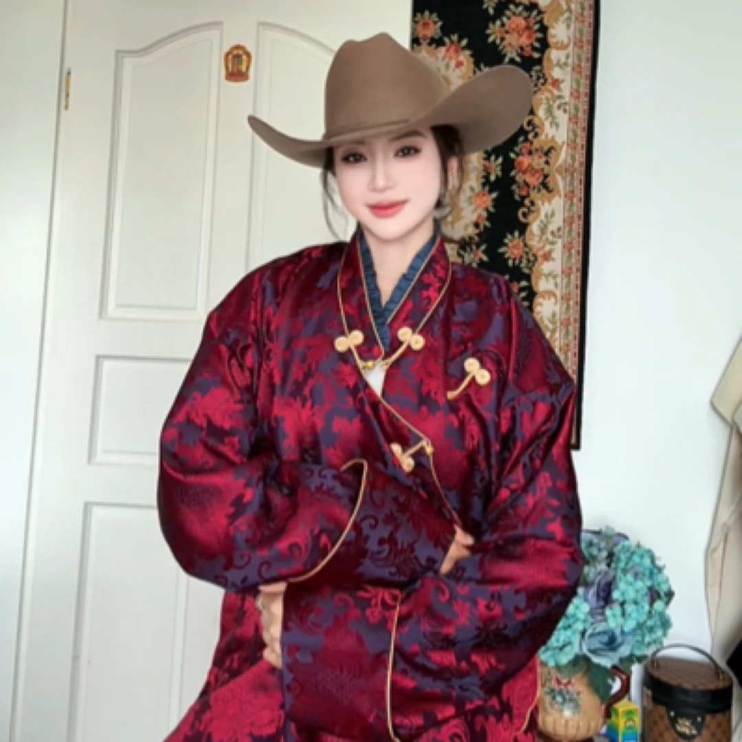 新款宽松复古藏式斜襟长袖立领印花民族风外套