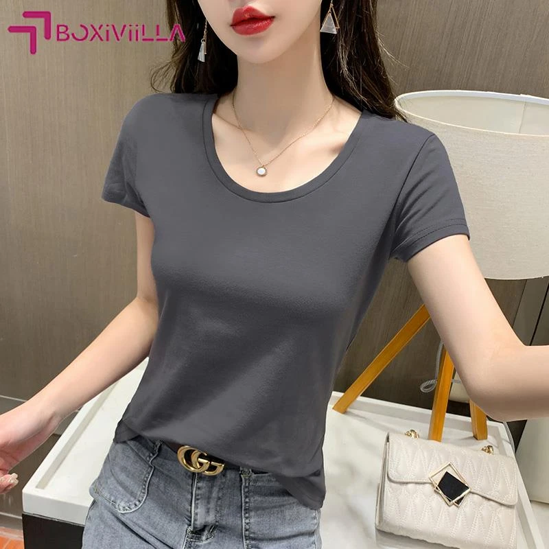 Boxiviilla烟灰色短袖t恤女纯棉上衣女装2025夏季新款半袖圆领正