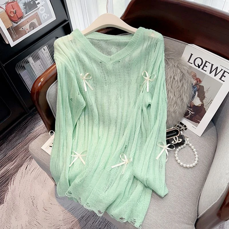 时尚女装上衣镂空慵懒风长袖宽松蝴蝶结春夏毛针织春夏薄款防晒衣