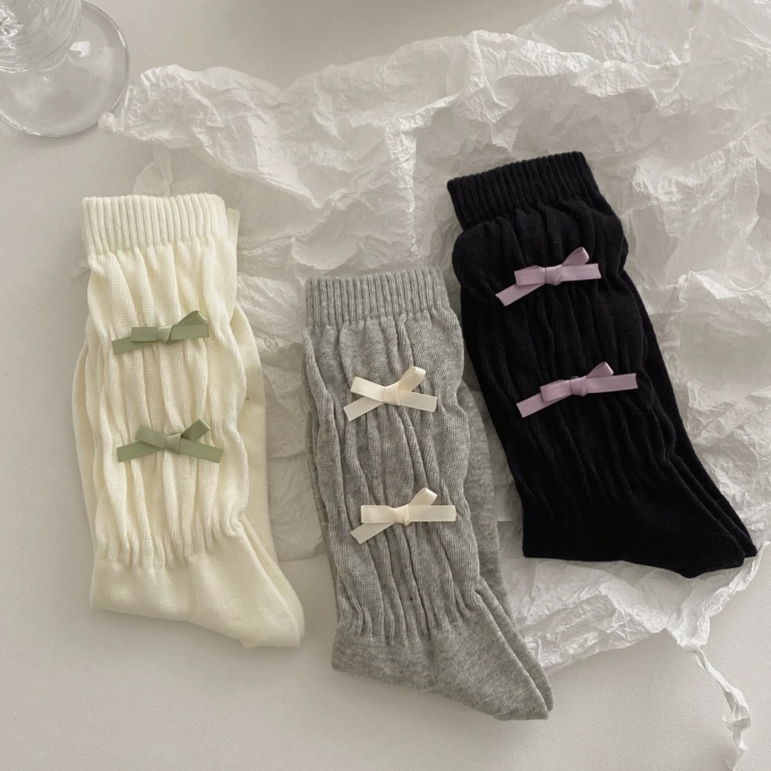 蝴蝶结袜子女中筒袜韩系芭蕾风少女甜美堆堆袜春夏薄款日系潮袜白