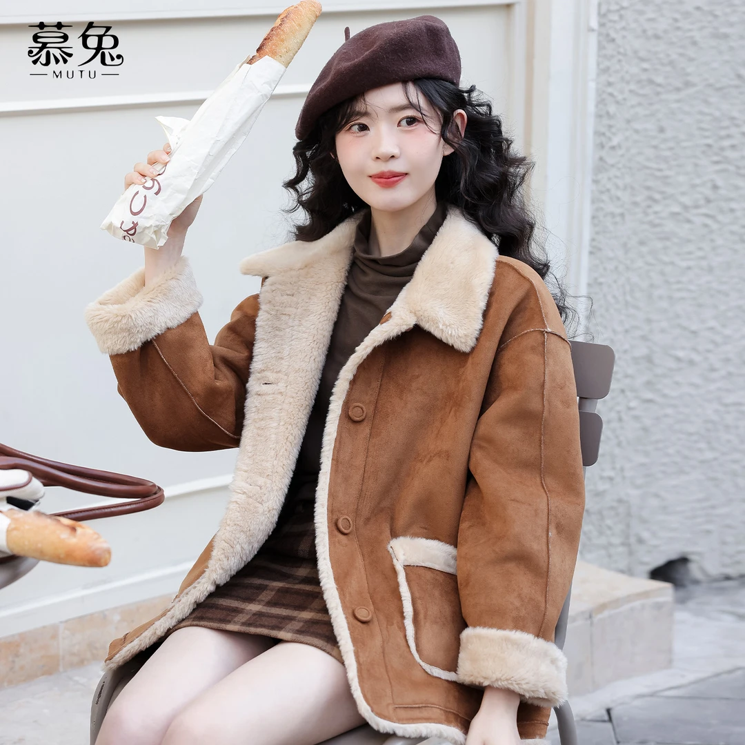 【清仓】慕兔复古两面穿皮毛一体外套女2025冬季新款宽松加厚保暖