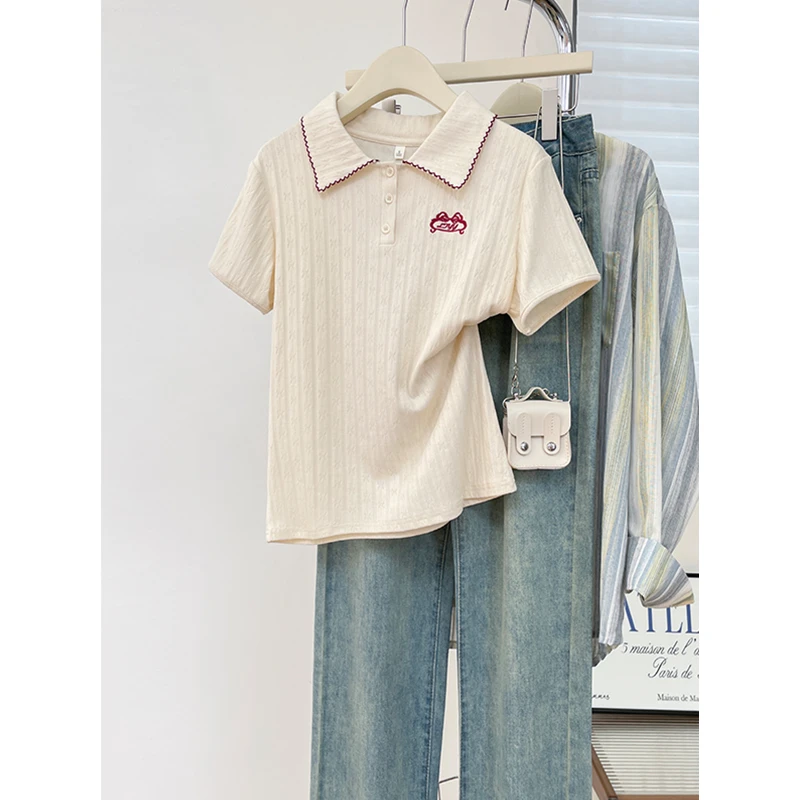 学院风polo领正肩短袖T恤衫洋气减龄刺绣显瘦百搭女装上衣服ins风