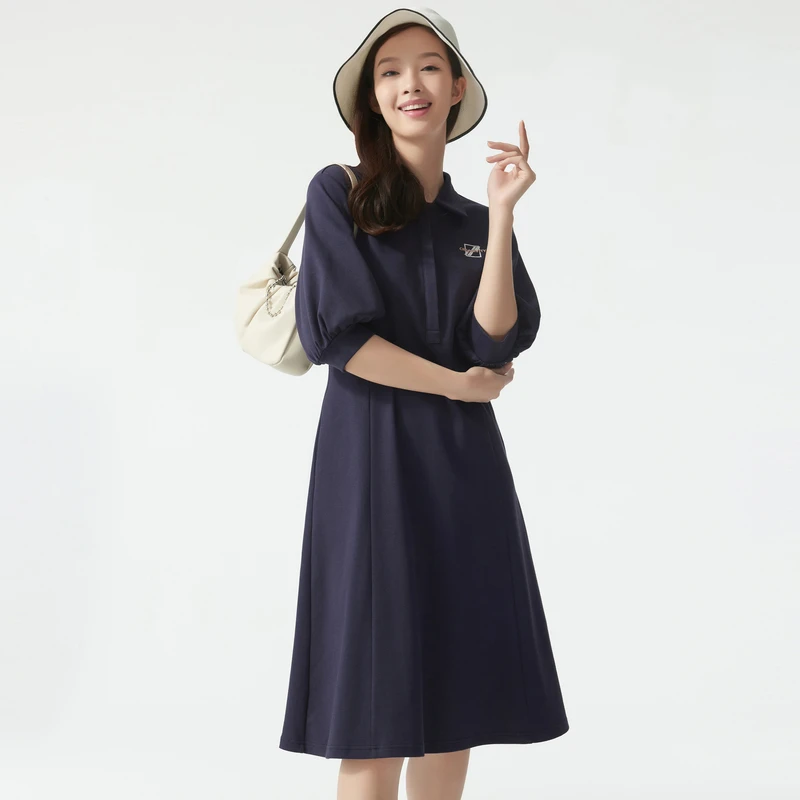布景连衣裙女春季新品polo领中长款纯色中袖中长裙BW21LY0353