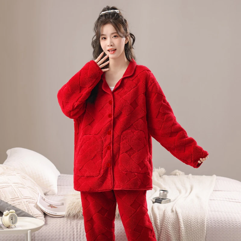 秋冬季大码纯色睡衣胖mm加厚加绒保暖套装酒红色宽松翻领长袖长裤