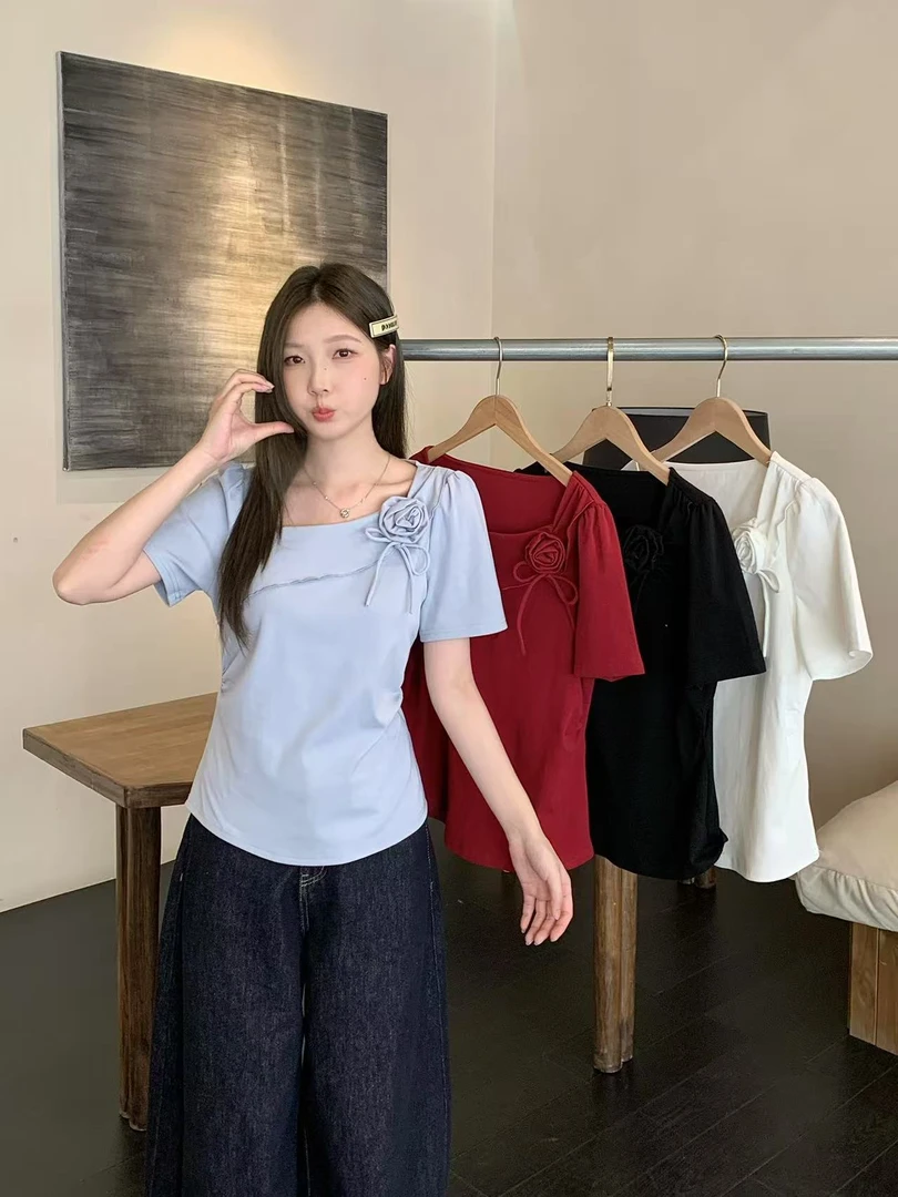 法式方领花朵短袖T恤女2025夏季新款大码胖mm时尚百搭日常显瘦