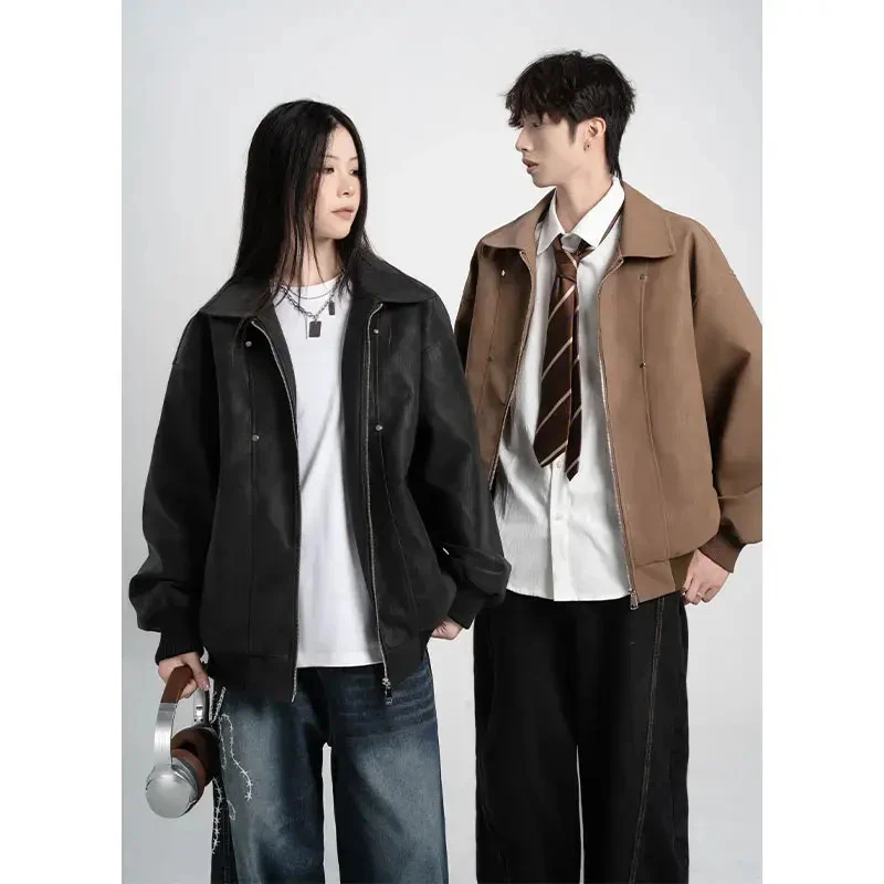 秋冬美式翻领皮衣男女机车服潮牌防风夹克情侣宽松休闲百搭外套