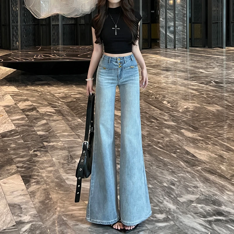 浅蓝色高腰不贴腿喇叭牛仔裤女2025早秋新款宽松显瘦重工垂感拖地