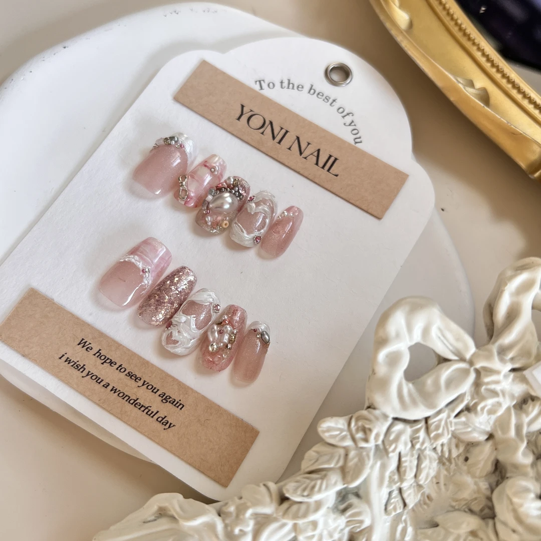 YONI F49「甜言」甜蜜可爱手绘款手工定制穿戴甲爆闪显白温柔时尚