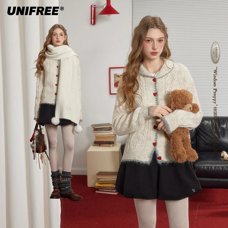 【芋总专属】unifree杏色翻领针织衫爱心纽扣U253N326B1B1
