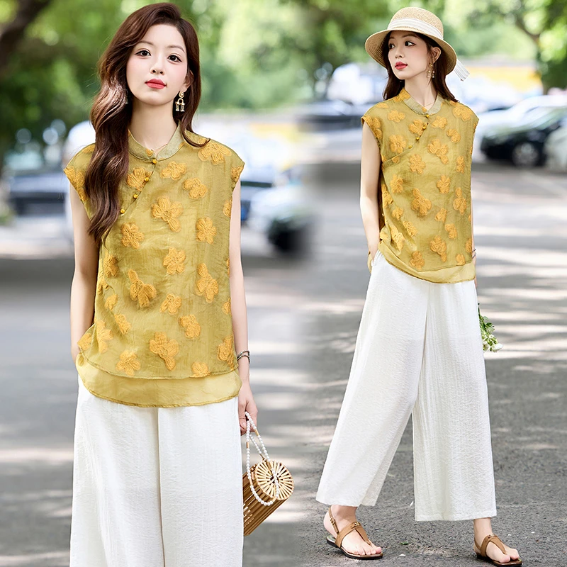新中式国风刺绣套装女2025夏季新款复古盘扣宽松薄款阔腿裤两件套