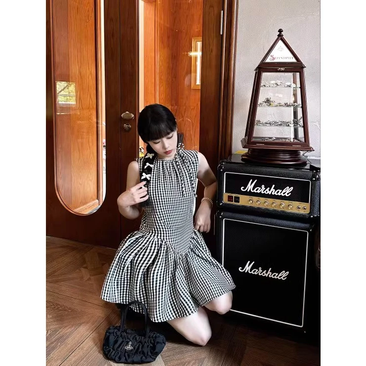 带安全裤花一格纹无袖蓬蓬短款娃娃裙少女感减龄连衣裙