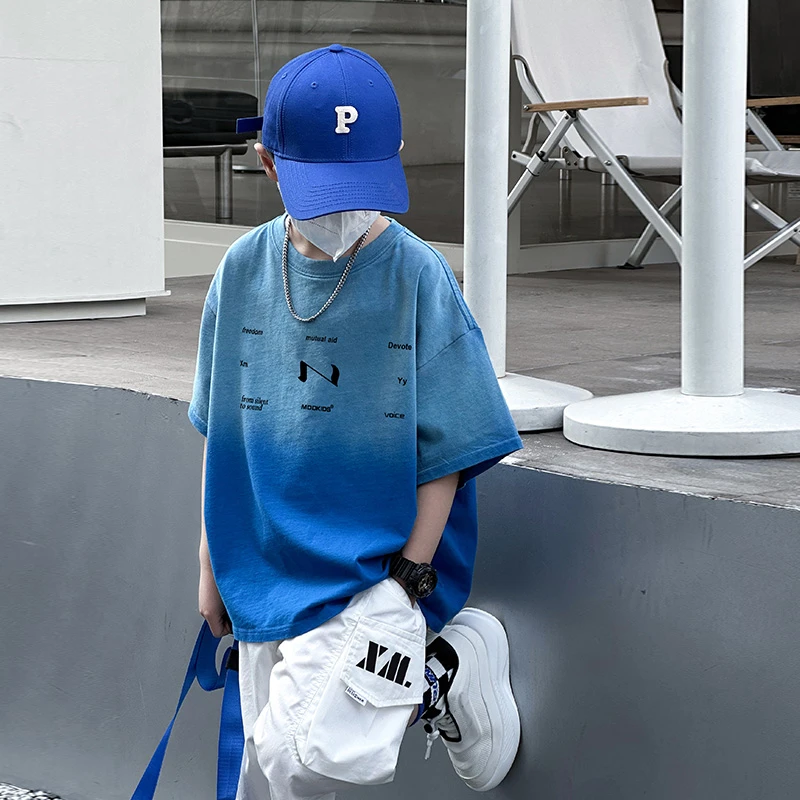 男童短袖T恤套装2025新款大儿童夏季男孩痞帅渐变半袖t夏款上衣潮