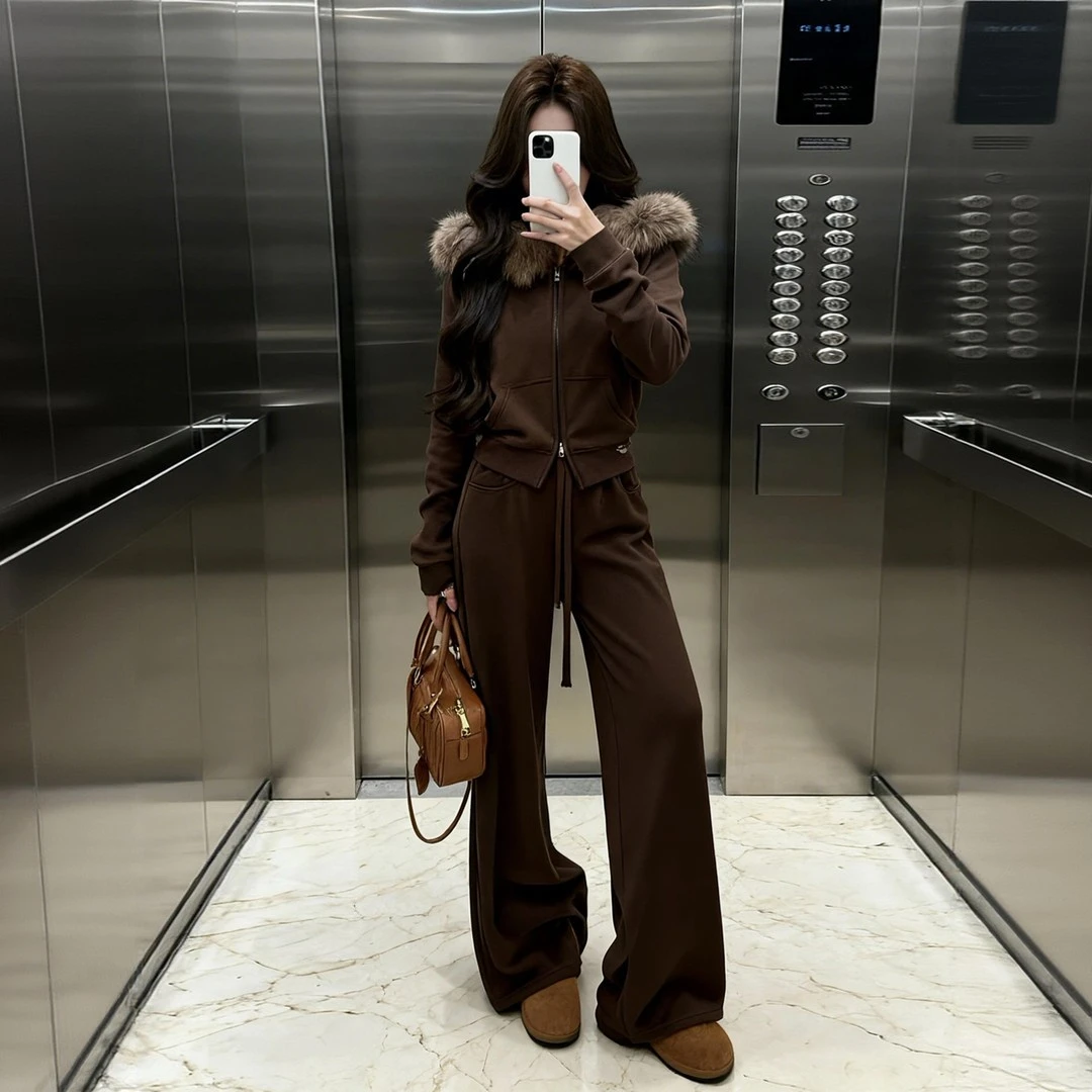 韩系一整套2025超火穿搭加绒连帽卫衣阔腿裤休闲运动两件套装洋气