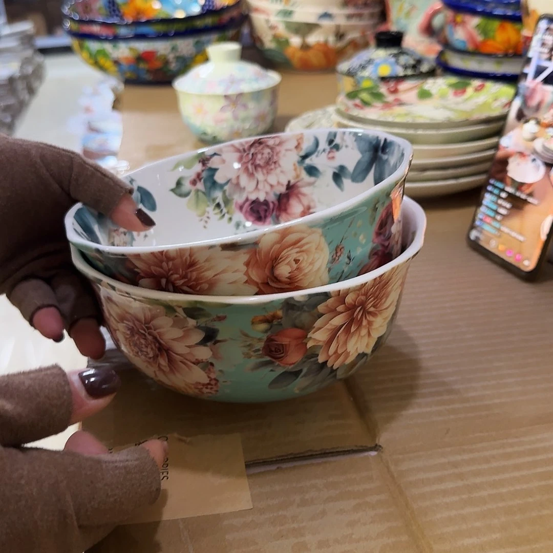 瓷片7英寸牡丹花面碗2只