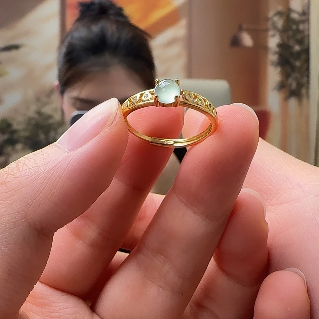 翡翠银S925镀金镶嵌戒指