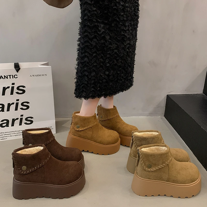 厚底时尚防水铆钉编织雪地靴女外穿冬季新款小个子防滑保暖雪地棉