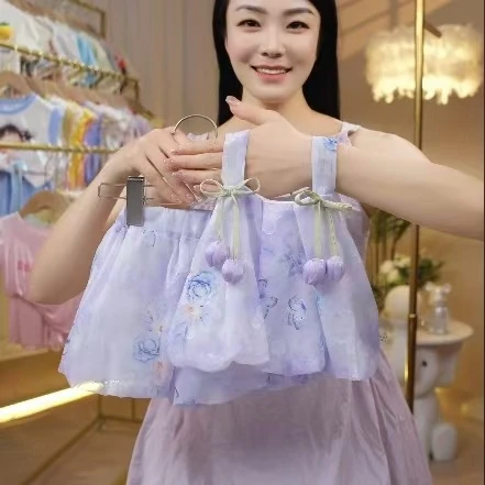 2025新款雪纺休闲蓝色套头夏季女少女风套装童装紫色夏款千金风