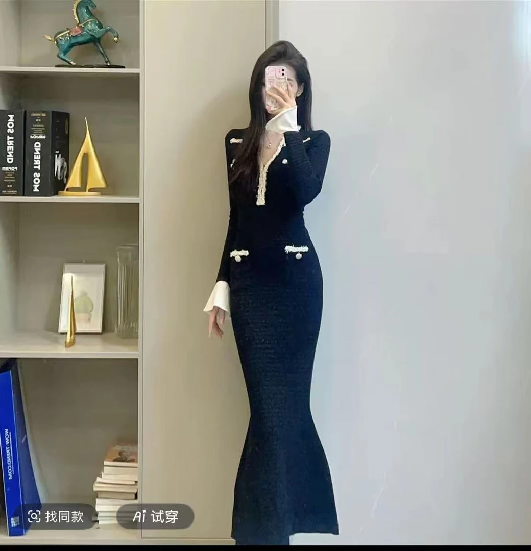 【396】新款女装显瘦洋气轻奢气质名媛针织百搭收腰修身连衣裙