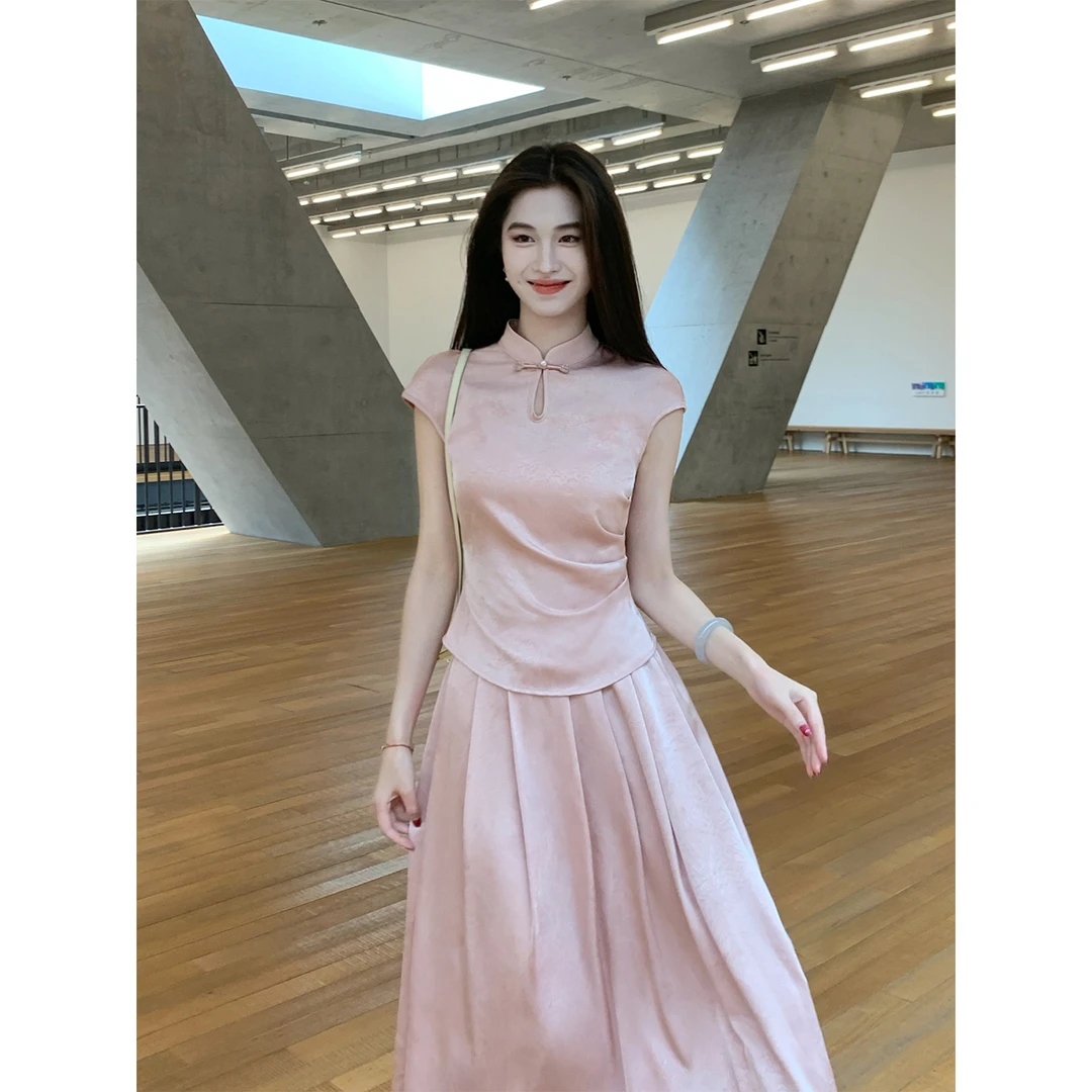 凌茜恣禾【蝶绾绯】国风新中式皮粉蝴蝶上衣气质优雅粉色半身裙套装