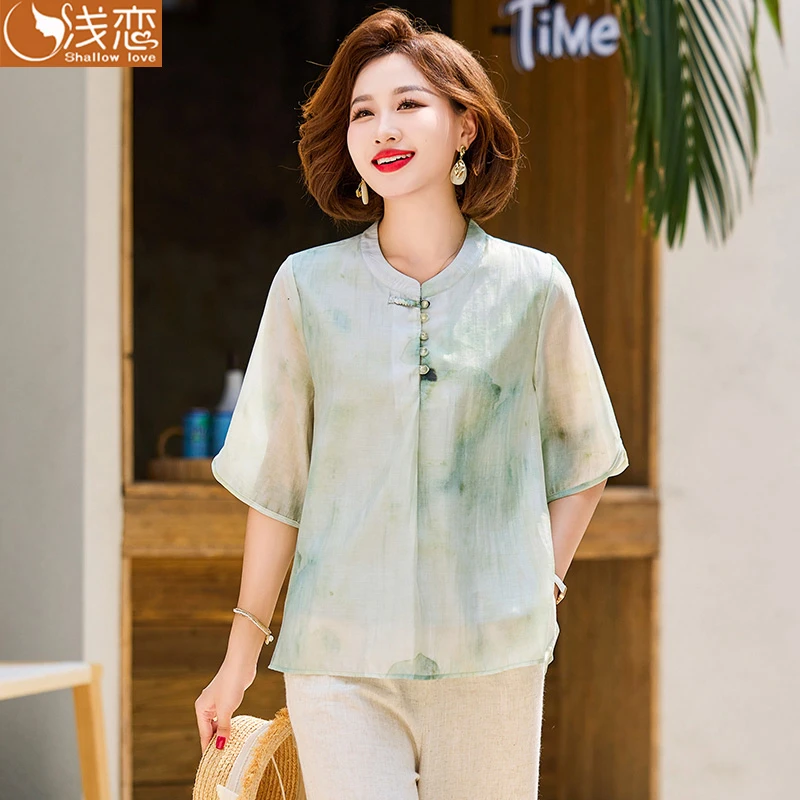 QianLian/浅恋夏季新款新中式妈妈装气质减龄五分袖上衣轻薄透气