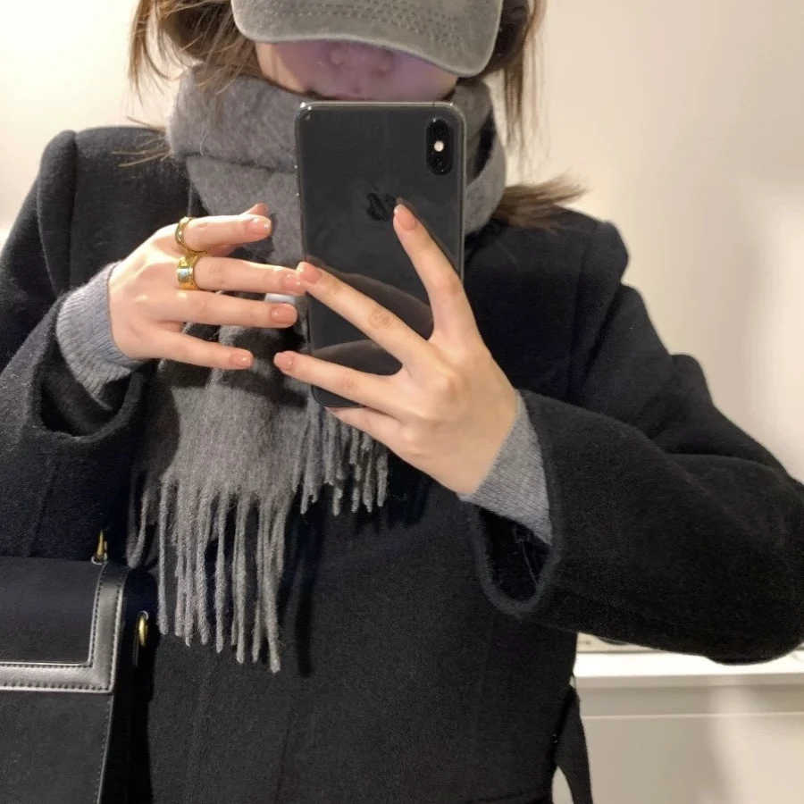 简约气质流苏围巾纯色澳洲羊毛女冬季保暖羊绒围脖