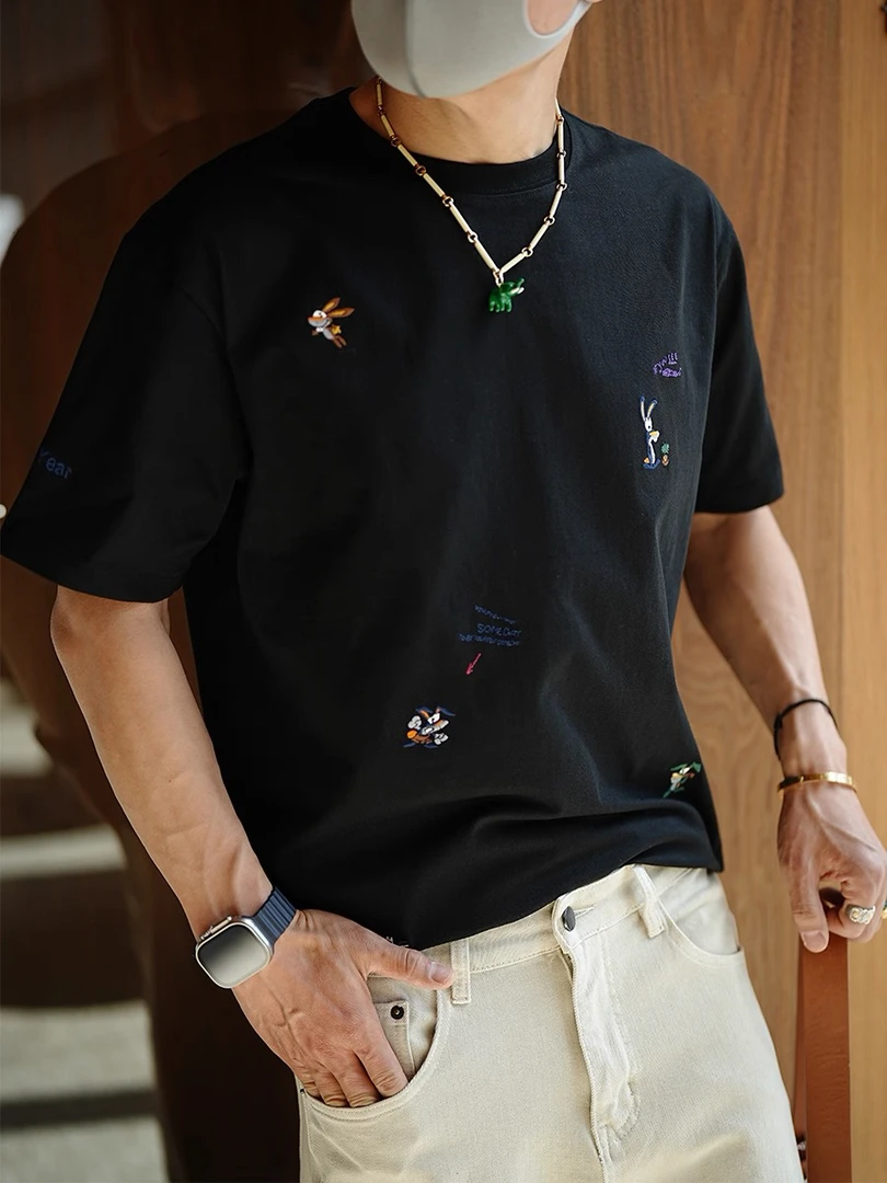 原创设计卡通刺绣重磅纯棉短袖T恤男生夏季趣味新款潮牌时尚半袖