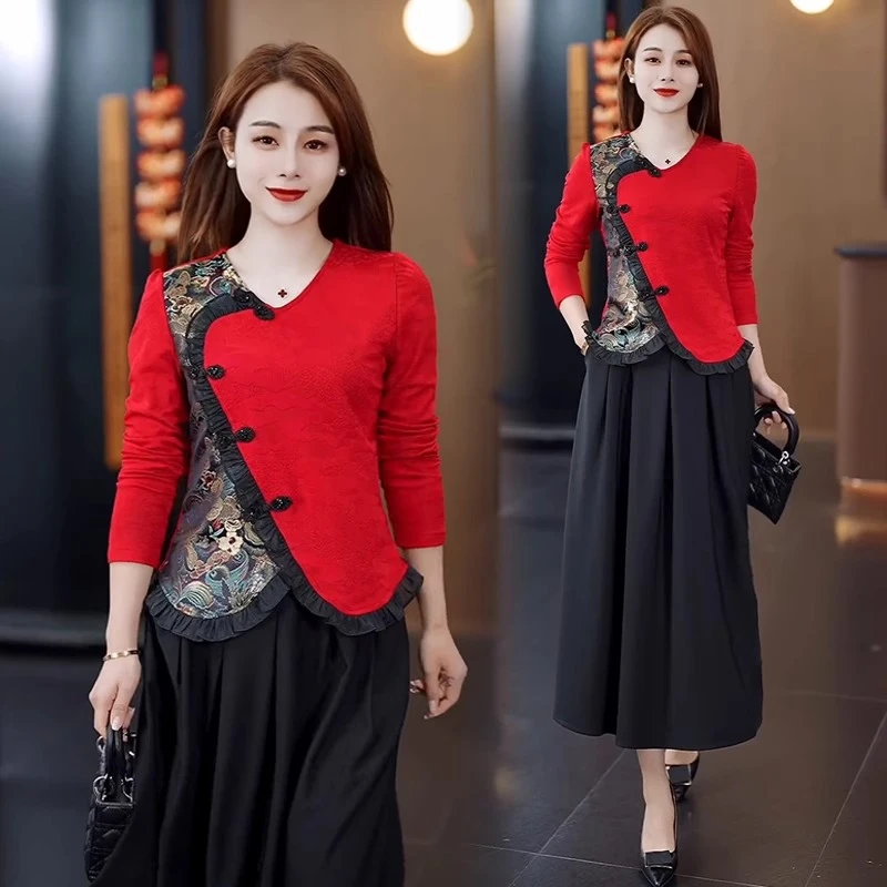 时尚国风T恤女2025春季新款洋气新中式盘扣拼接不规则打底衫上衣