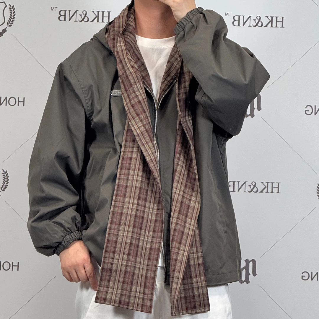 HK&NB x 经典港风   夹克宽松字母连帽韩版长款复古长袖内里拼接