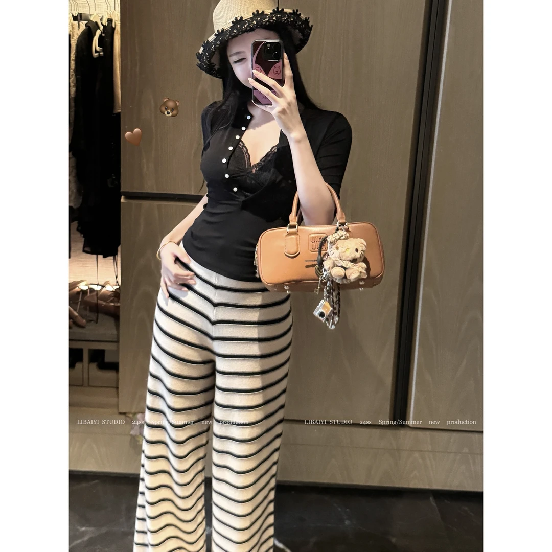 LIBAIYI 软糯条纹裤/垂感休闲舒适感阔腿拖地百搭条纹长裤 1651