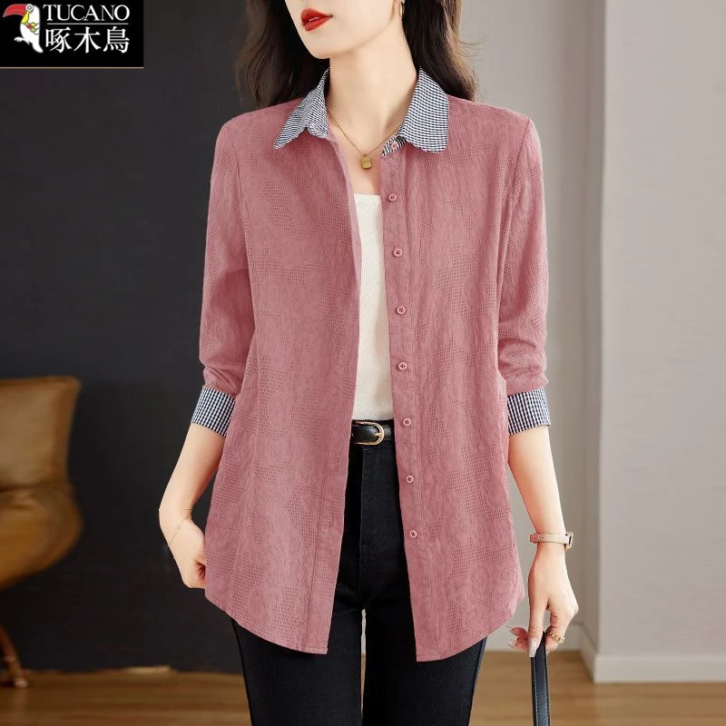 啄木鸟长袖薄款秋季春季文艺宽松衬衫2025年新款外搭洋气女装上衣