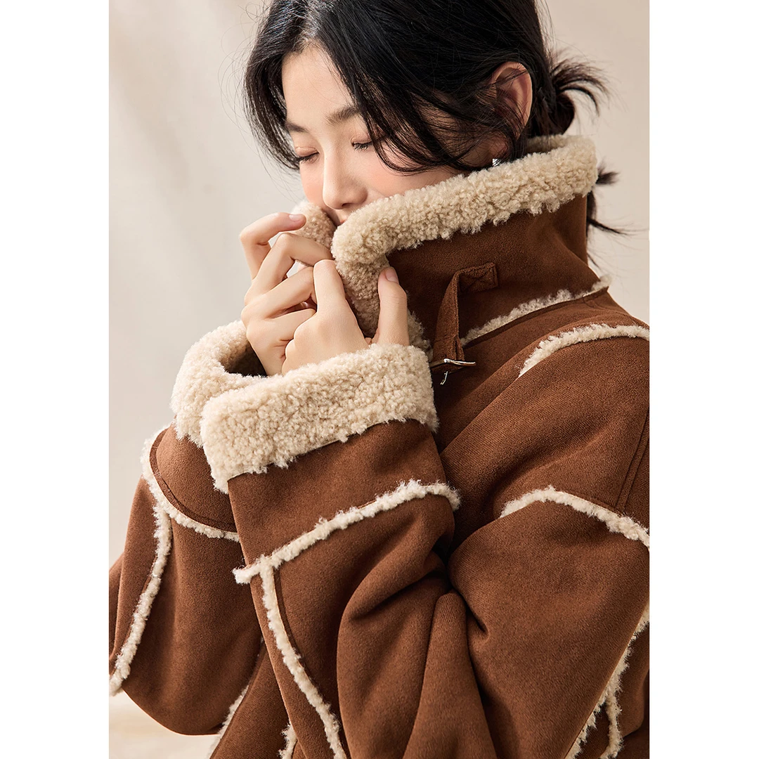 沫晗依美【暖棕格调】25冬立领复古机车风短款抗风皮毛一体外套8000