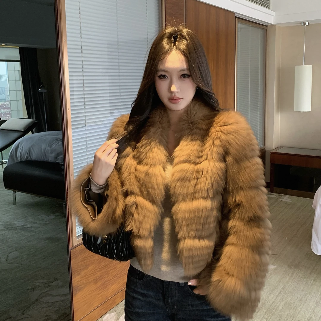 2025新款【琥珀琉璃】晕染狐狸毛车条皮草外套女V领小香风冬款短款