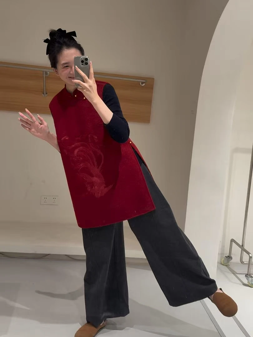 2025秋冬新款新中式刺绣毛呢马甲打底衫搭配休闲裤气质三件套装女