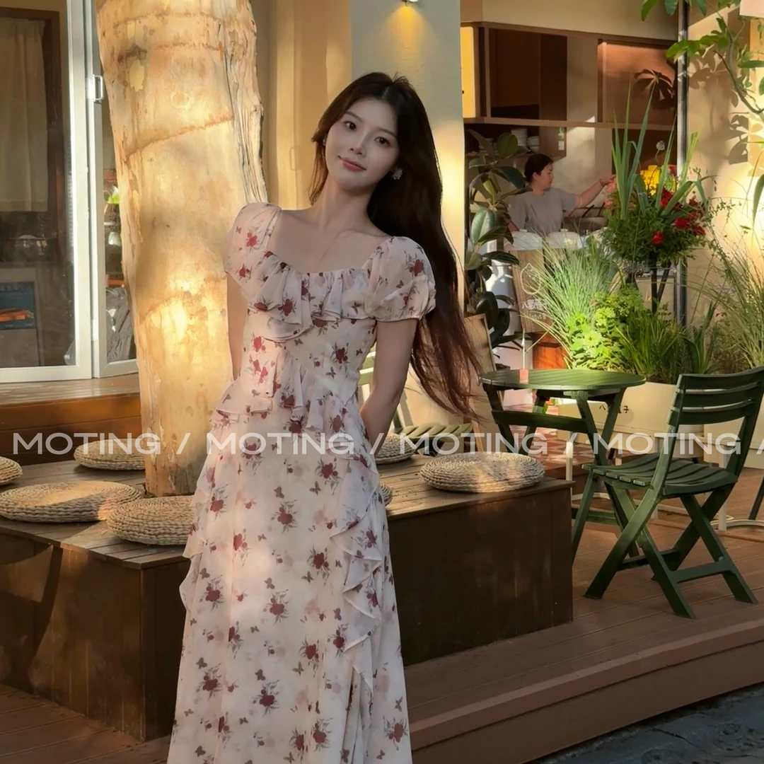 【玫瑰小姐】法式玫瑰碎花长裙连衣裙夏季印花方领lulu风