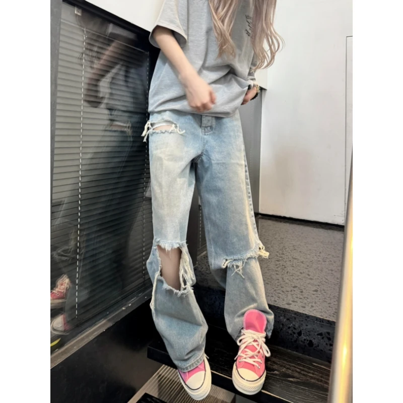 【破价+现货】美式破洞宽松阔腿牛仔裤女百搭松弛设计感小众直筒裤