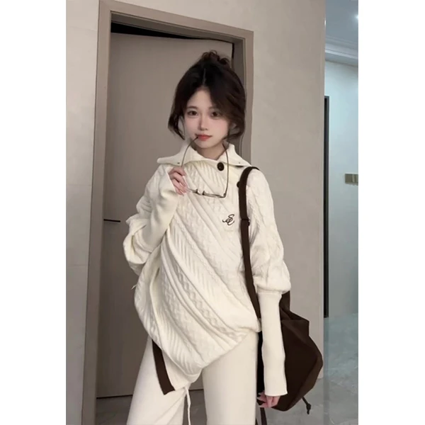 韩系慵懒风高领不规则斗篷蝙蝠袖毛衣女秋冬季针织衫上衣裤子套装