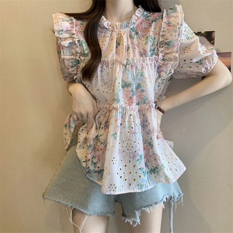 2025大码女装夏季爆款设计感洋气短袖衬衫女荷叶边碎花甜美上衣潮