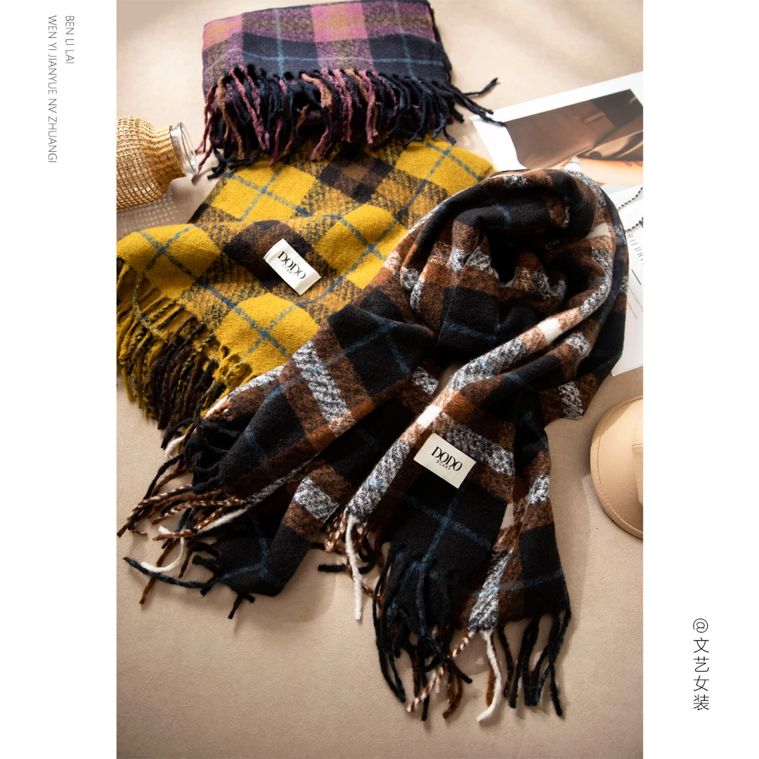 保暖流苏格子围巾女秋冬文艺围巾加厚披肩7144