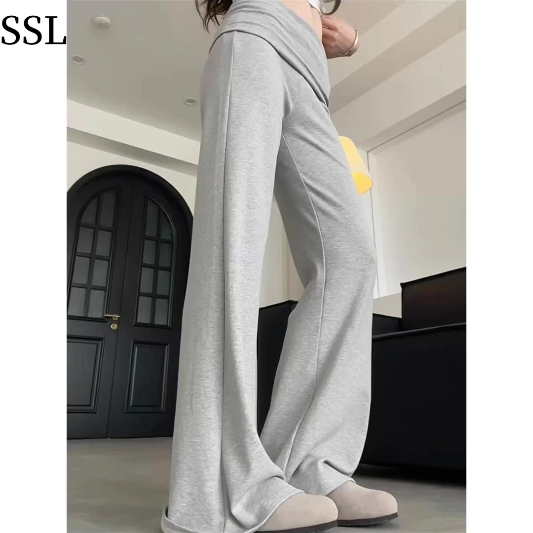 美式翻腰微喇叭裤女2025夏季薄款辣妹显瘦垂感马蹄裤灰色运动卫裤