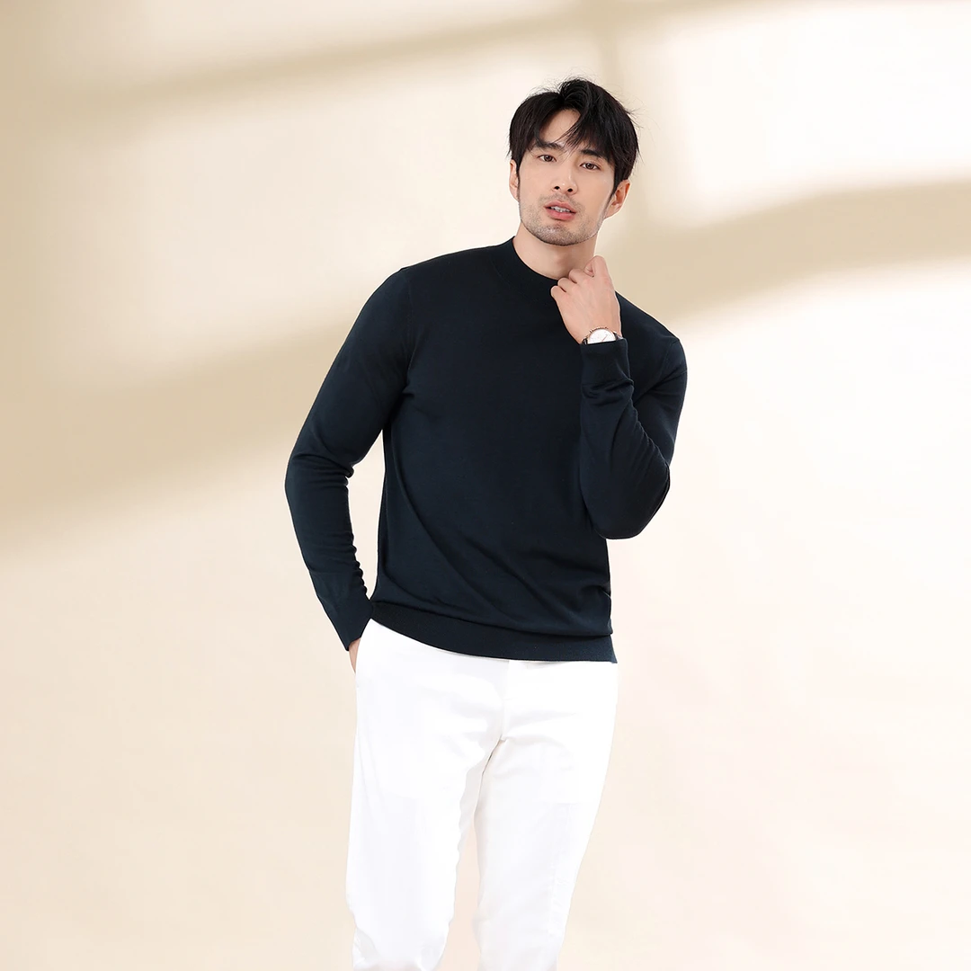 商务通勤百搭 可机洗100%精纺羊毛美丽诺羊毛 半高领针织衫男