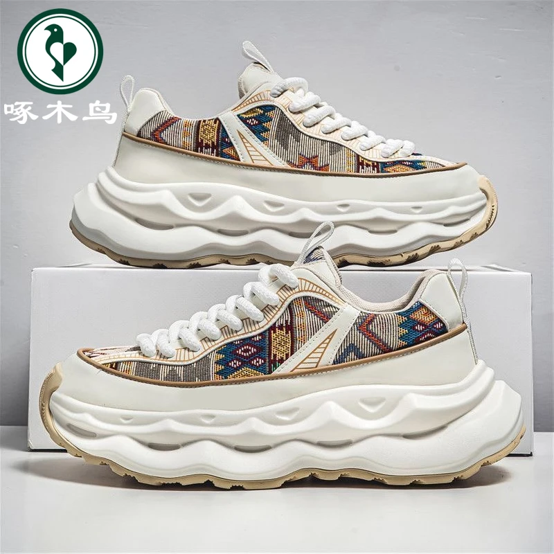 啄木鸟男鞋冬季新款时尚百搭休闲帆布鞋子男款厚底增高运动老爹鞋