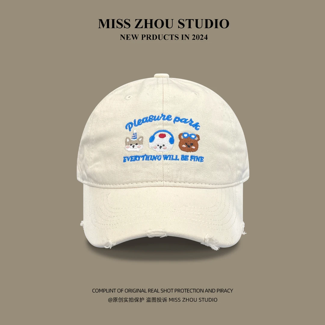 日系可爱小动物刺绣鸭舌帽子女春夏遮阳百搭显脸小情侣白色棒球帽