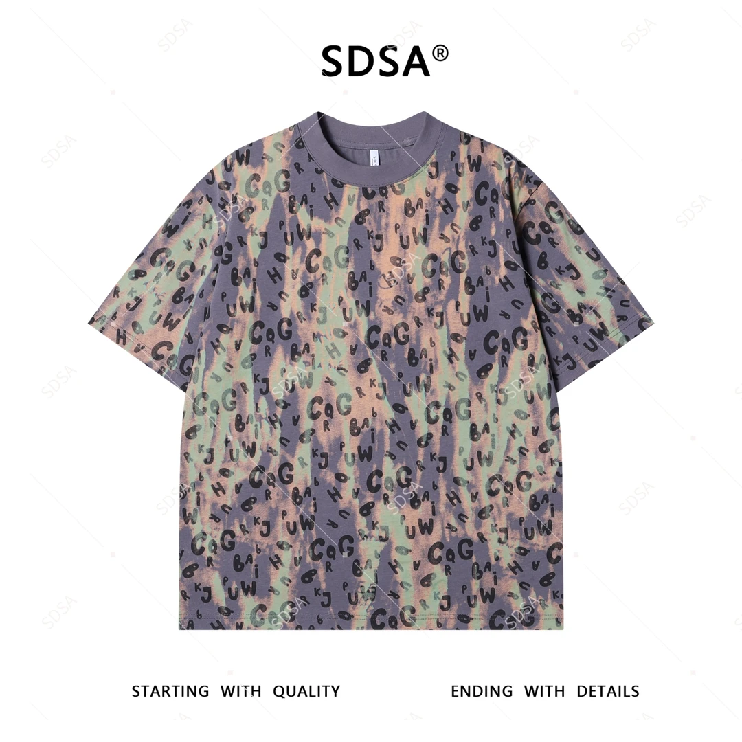 夏季高级感新款男士美式撞色满印字母设计短袖T恤宽松圆领上衣潮