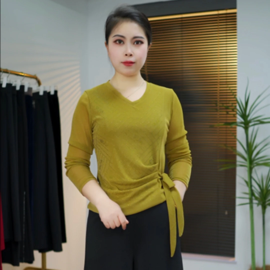 秋季新款时尚洋气V领烫钻气质长袖显瘦百搭上衣