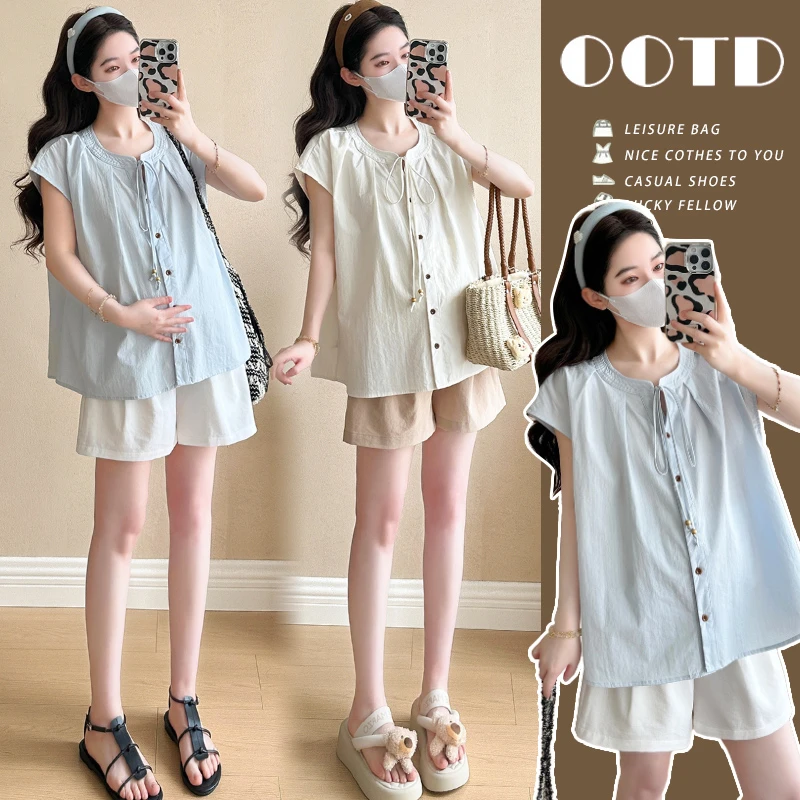 2025孕妇装夏季韩系休闲飞飞袖圆领绑带排扣衬衫T恤上衣外穿气质