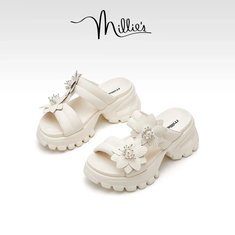 妙丽真皮雕花外穿厚底拖鞋女2025夏季新款一脚蹬仙女风绝美凉拖鞋