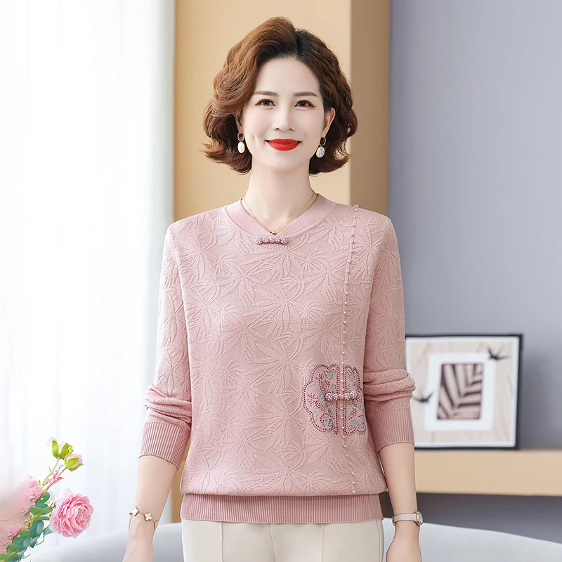 妈妈秋装国风旗袍领外穿小衫中老年人女洋气毛衣春秋季针织打底衫