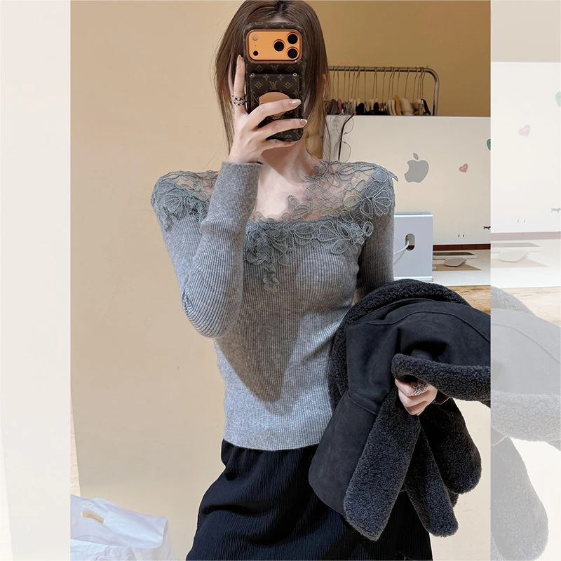 别致独特漂亮内搭灰色蕾丝小衫女秋冬洋气高贵百搭打底针织衫上衣